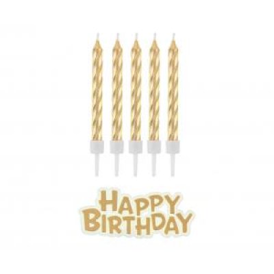 Cake candles Happy Birthday gold, 16 pcs
