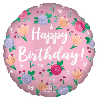 Circle - pink with flowers HB 45cm - foil balloon