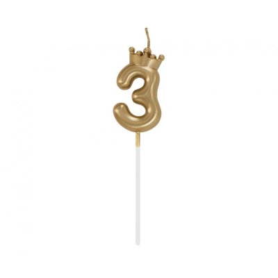 Candle cake number 3 gold with crown, 6cm
