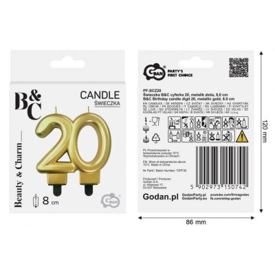 Cake candle number 20 gold metallic, 9cm - 95284.jpg