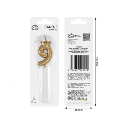 Candle cake number 9 gold with crown, 6cm - 102804.jpg