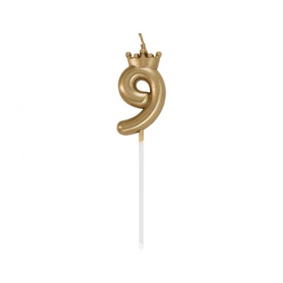 Candle cake number 9 gold with crown, 6cm