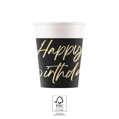 ECO paper cups "Happy Birthday" black 200ml, 8 pcs