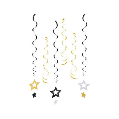 Paper hanging serpentine - Gold-black-silver stars, 6 pcs