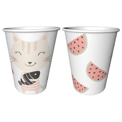 Paper cups with a cat and watermelons 240 ml, 6 pcs