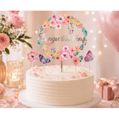 Set - cake topper with flowers "Congratulation" + 4 candles - 105622.jpg
