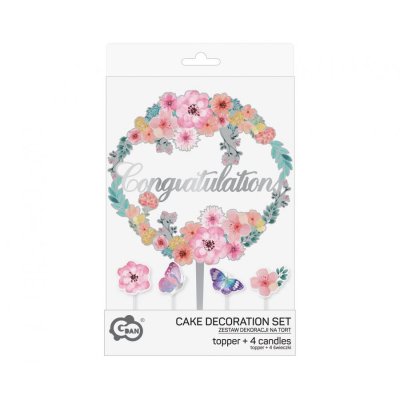 Set - cake topper with flowers "Congratulation" + 4 candles - 105119.jpg