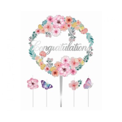 Set - cake topper with flowers "Congratulation" + 4 candles