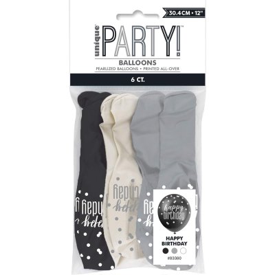 Balloons 30cm/12" - Happy Birthday - Black & Silver (6 pcs) - 833802.jpg